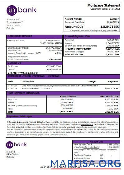 Downloadable Estonia Inbank bank mortgage statement scr example